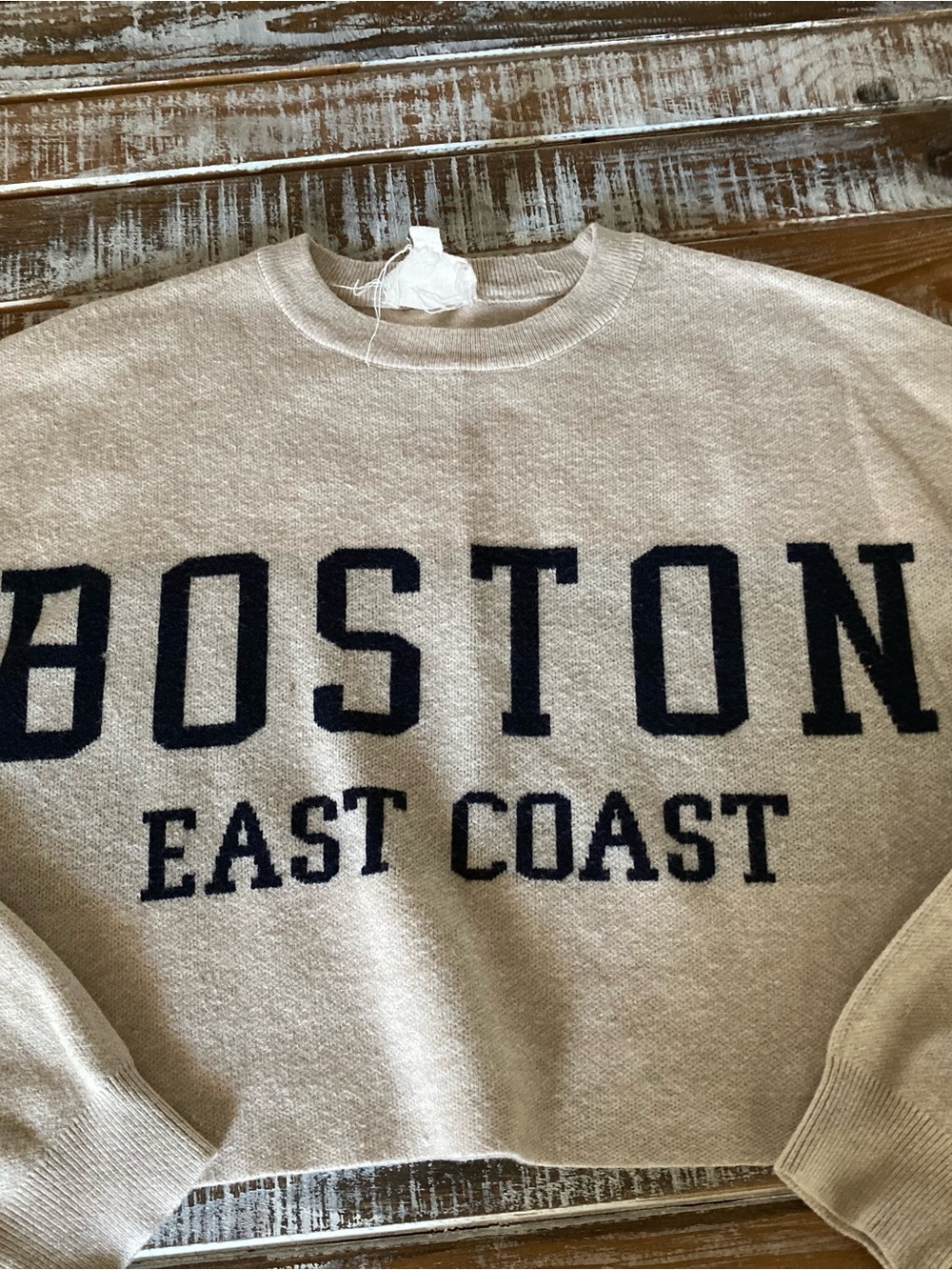 Hippie Rose Beige Crewneck Sweater with Navy 'BOSTON' Graphic